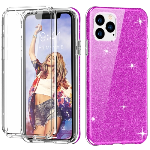 

For iPhone 11 Pro Shockproof PC+TPU Back Protective Case + Front PET Screen Protector(Purple Glitter)