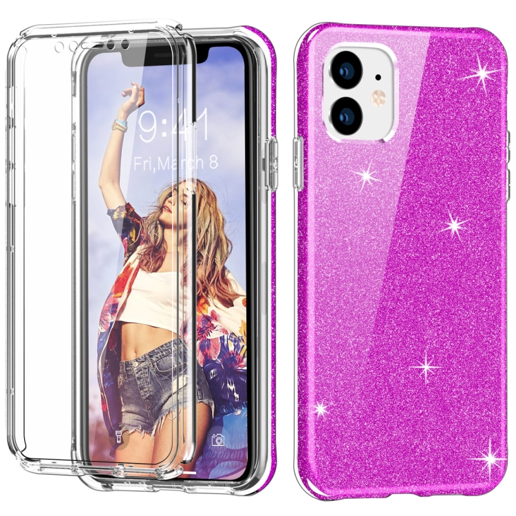 

For iPhone 11 Shockproof PC+TPU Back Protective Case + Front PET Screen Protector(Purple Glitter)