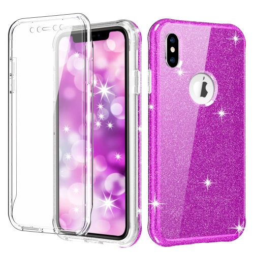 

For iPhone XS Max Shockproof PC+TPU Back Protective Case + Front PET Screen Protector(Purple Glitter)