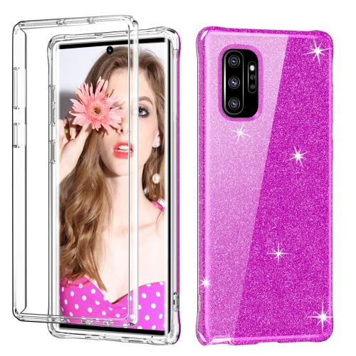 

For Galaxy Note 10+ Shockproof PC+TPU Back Protective Case + Front PET Screen Protector(Purple Glitter)