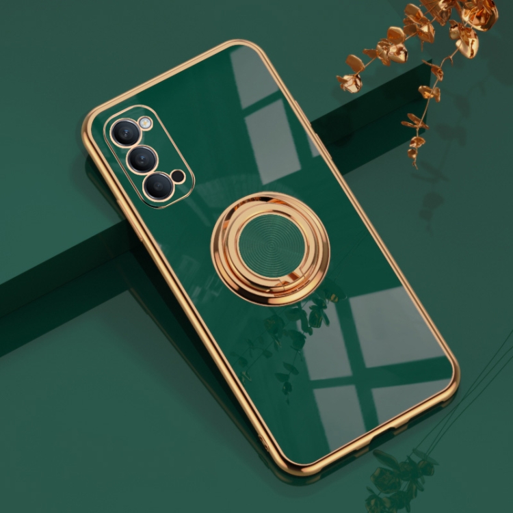 

For OPPO Reno4 6D Electroplating Full Coverage Silicone Protective Case with Magnetic Ring Holder(Dark Green)