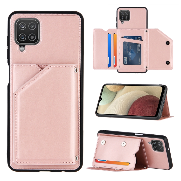

For Samsung Galaxy A12 Skin Feel PU + TPU + PC Back Cover Shockproof Case with Card Slots & Holder & Photo Frame(Rose Gold)
