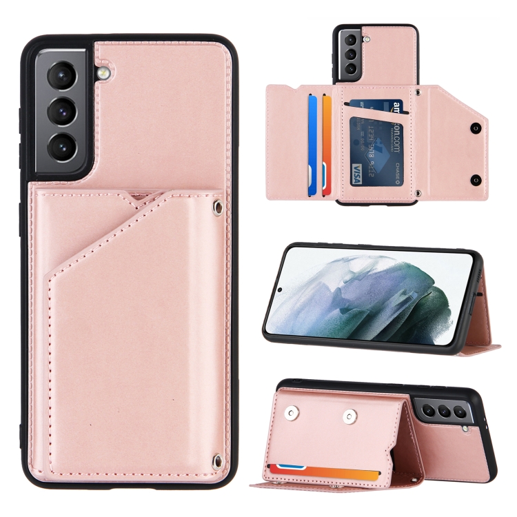 

For Samsung Galaxy S21 5G Skin Feel PU + TPU + PC Back Cover Shockproof Case with Card Slots & Holder & Photo Frame(Rose Gold)