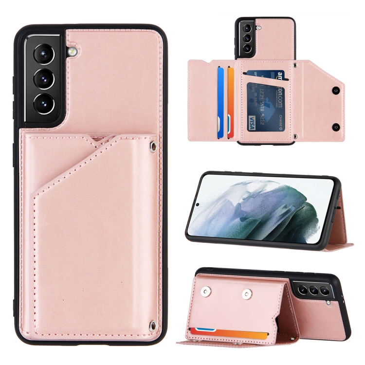 

For Samsung Galaxy S21+ 5G Skin Feel PU + TPU + PC Back Cover Shockproof Case with Card Slots & Holder & Photo Frame(Rose Gold)