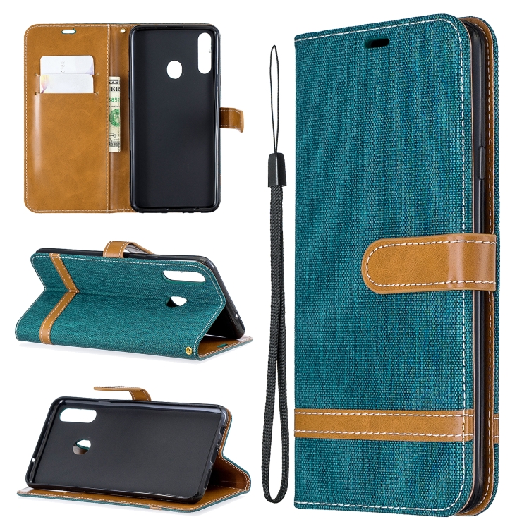 

For Galaxy A20s Color Matching Denim Texture Horizontal Flip Leather Case with Holder & Card Slots & Wallet & Lanyard(Green)