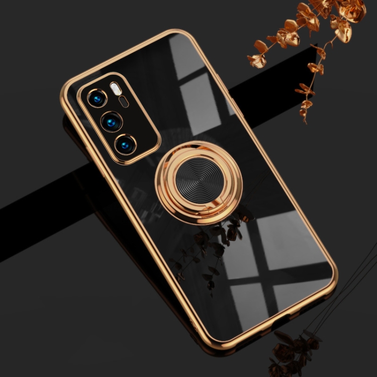

For Huawei P40 6D Electroplating Full Coverage Silicone Protective Case with Magnetic Ring Holder(Black)