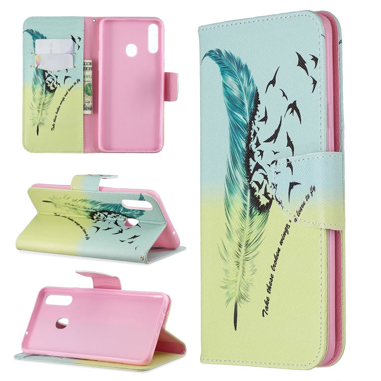 

For Galaxy A20s Colored Drawing Horizontal Flip Leather Case with Holder & Card Slots & Wallet(Feather Bird)