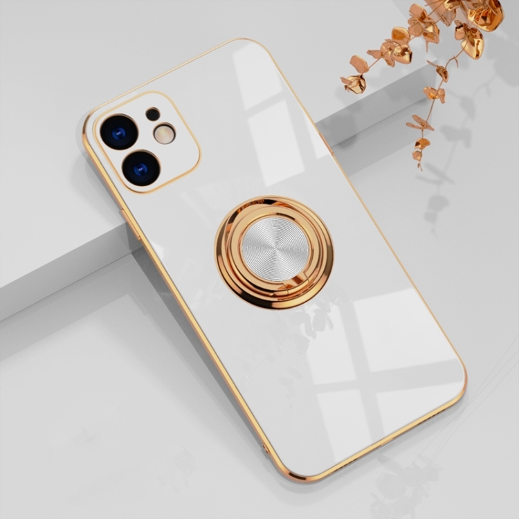 

6D Electroplating Full Coverage Silicone Protective Case with Magnetic Ring Holder For iPhone 12 mini(White)