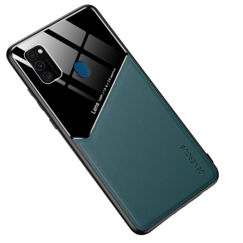 

For Samsung Galaxy M30s All-inclusive Leather + Organic Glass Protective Case with Metal Iron Sheet(Dark Green)