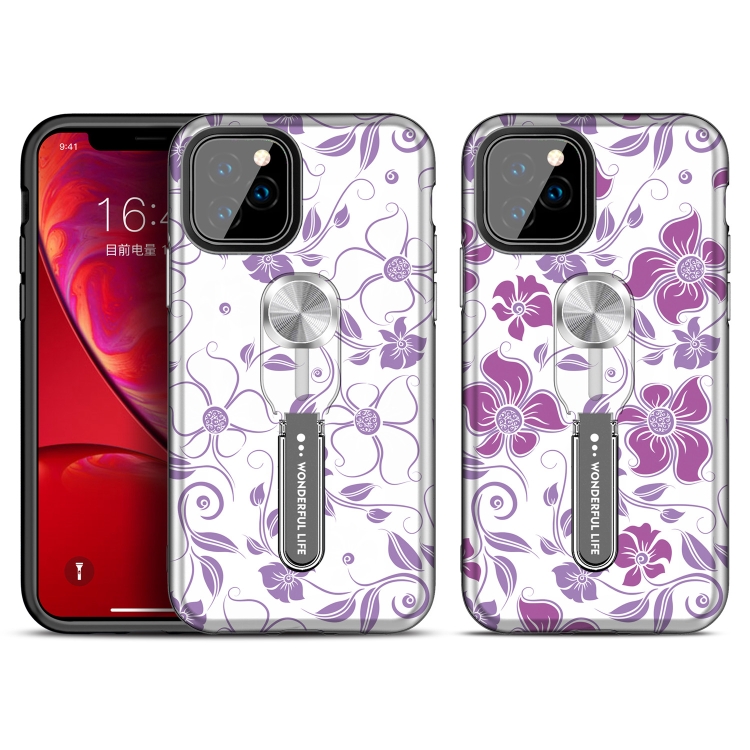 

For iPhone 11 Pro Purple Series UV light Color Changing Protective Case with Ring Bracket(Small Flowers)