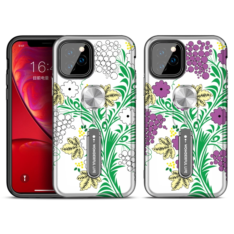 

For iPhone 11 Purple Series UV light Color Changing Protective Case with Ring Bracket(Grape Leaves)