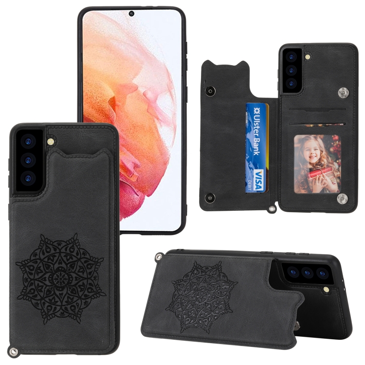 

For Samsung Galaxy S21+ 5G Mandala Embossed PU + TPU Case with Holder & Card Slots & Photo Frame & Strap(Black)