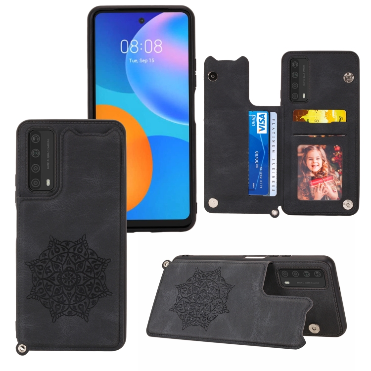 

For Huawei Y7a Mandala Embossed PU + TPU Case with Holder & Card Slots & Photo Frame & Strap(Black)
