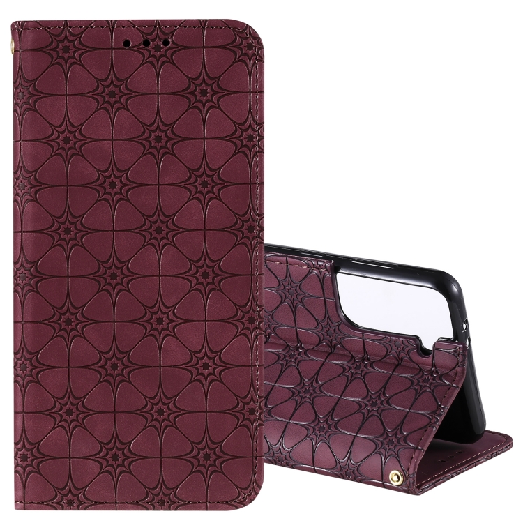 

For Samsung Galaxy S21 5G Lucky Flowers Embossing Pattern Magnetic Horizontal Flip Leather Case with Holder & Card Slots(Wine Red)