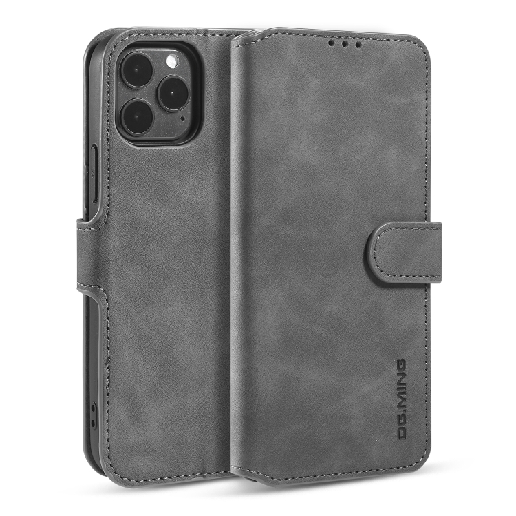 

DG.MING Retro Oil Side Horizontal Flip Case with Holder & Card Slots & Wallet For iPhone 12 / 12 Pro(Grey)