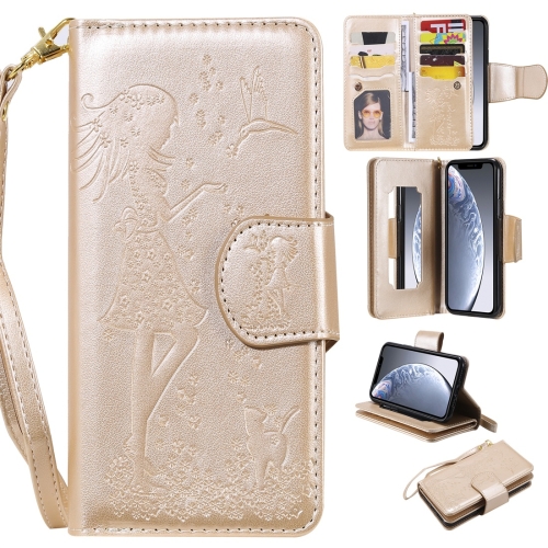 

For iPhone 11 Pro Woman and Cat Embossed Horizontal Flip Leather Case, with Wallet & Holder & Card Slots & Photo Frame & Mirror & Lanyard(Gold)