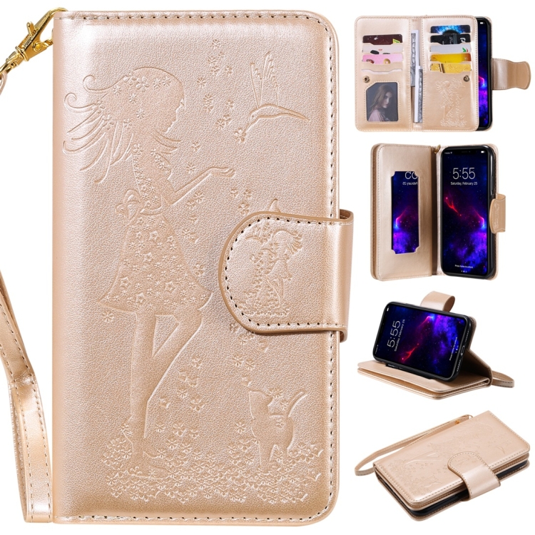 

For iPhone 11 Woman and Cat Embossed Horizontal Flip Leather Case, with Wallet & Holder & Card Slots & Photo Frame & Mirror & Lanyard(Gold)
