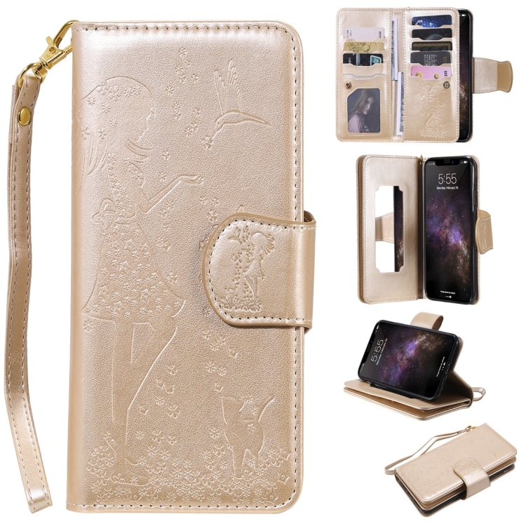 

For iPhone 11 Pro Max Woman and Cat Embossed Horizontal Flip Leather Case, with Wallet & Holder & Card Slots & Photo Frame & Mirror & Lanyard(Gold)