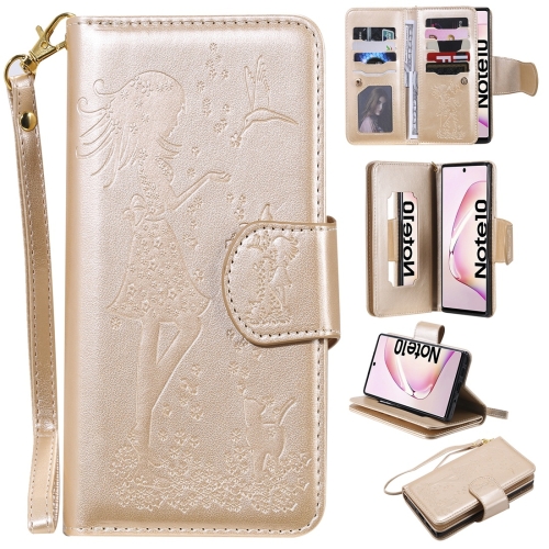 

For Galaxy Note 10 Woman and Cat Embossed Horizontal Flip Leather Case, with Wallet & Holder & Card Slots & Photo Frame & Mirror & Lanyard(Gold)