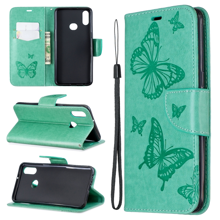 

For Galaxy A10s Two Butterflies Embossing Pattern Horizontal Flip Leather Case with Holder & Card Slot & Wallet & Lanyard(Green)