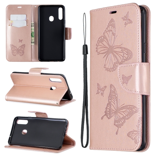 

For Galaxy A20s Two Butterflies Embossing Pattern Horizontal Flip Leather Case with Holder & Card Slot & Wallet & Lanyard(Gold)