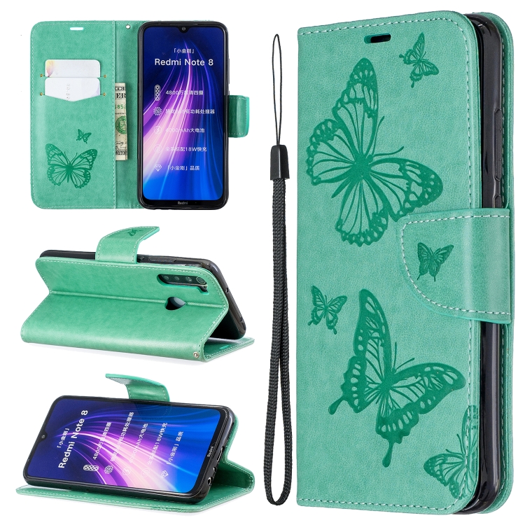 

For Xiaomi Redmi Note 8 Two Butterflies Embossing Pattern Horizontal Flip Leather Case with Holder & Card Slot & Wallet & Lanyard(Green)