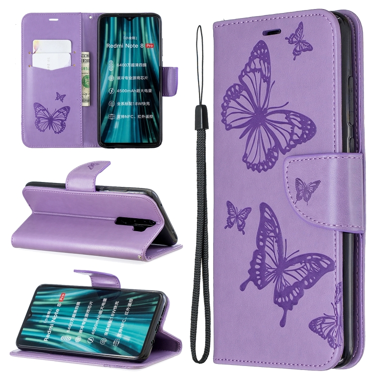 

For Xiaomi Redmi Note 8 Pro Two Butterflies Embossing Pattern Horizontal Flip Leather Case with Holder & Card Slot & Wallet & Lanyard(Purple)