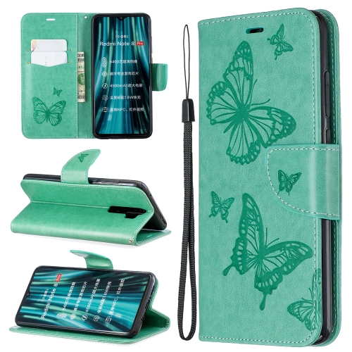 

For Xiaomi Redmi Note 8 Pro Two Butterflies Embossing Pattern Horizontal Flip Leather Case with Holder & Card Slot & Wallet & Lanyard(Green)