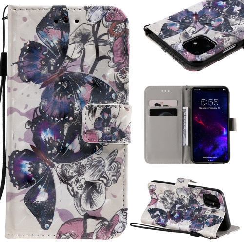 

For iPhone 11 3D Painted Pattern Horizontal Flip Leather Case, with Wallet & Holder & Card Slots & Lanyard(Black Butterfly)
