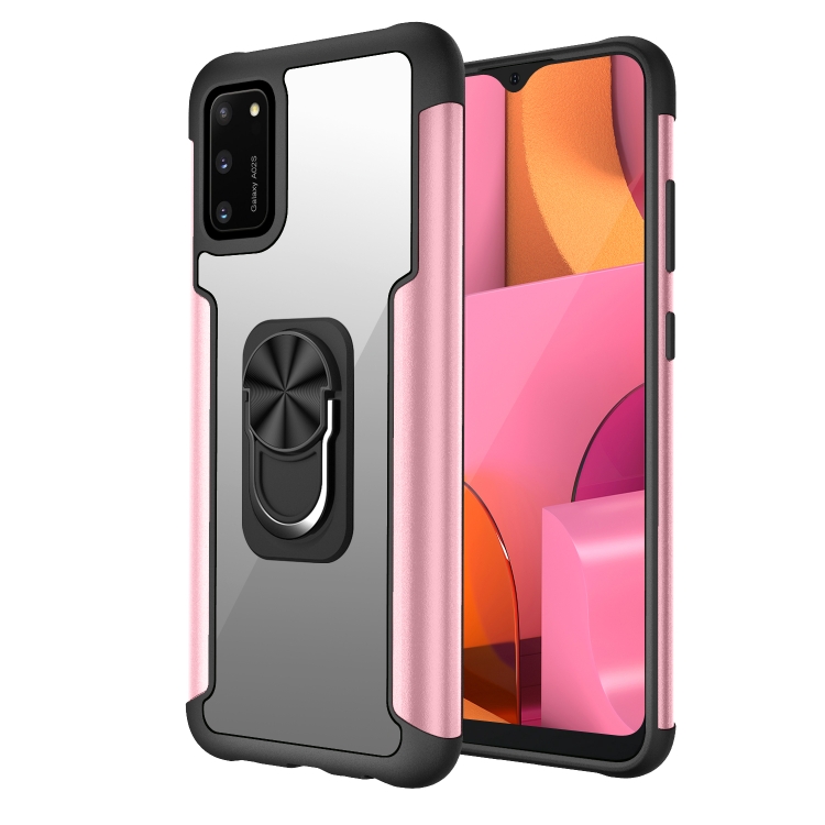 

For Samsung Galaxy A02s PC +TPU + Metal Shockproof Protective Case with Ring Holder(Rose Gold)