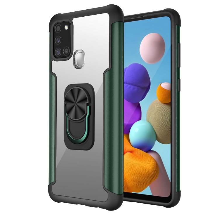 

For Samsung Galaxy A21s PC +TPU + Metal Shockproof Protective Case with Ring Holder(Green)