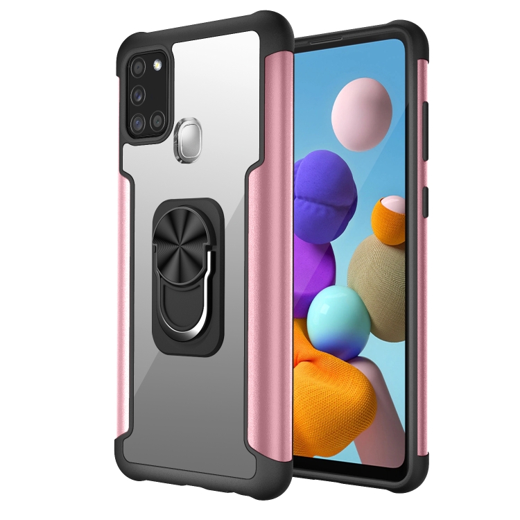 

For Samsung Galaxy A21s PC +TPU + Metal Shockproof Protective Case with Ring Holder(Rose Gold)
