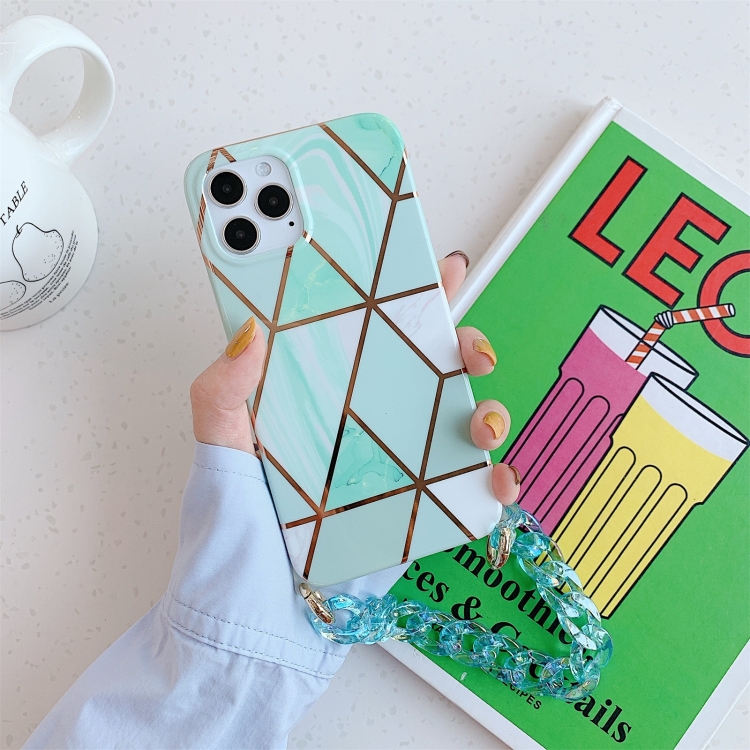 

Electroplating Splicing Geometric Pattern TPU Protective Case with Chain Strap For iPhone 11 Pro Max(Green)