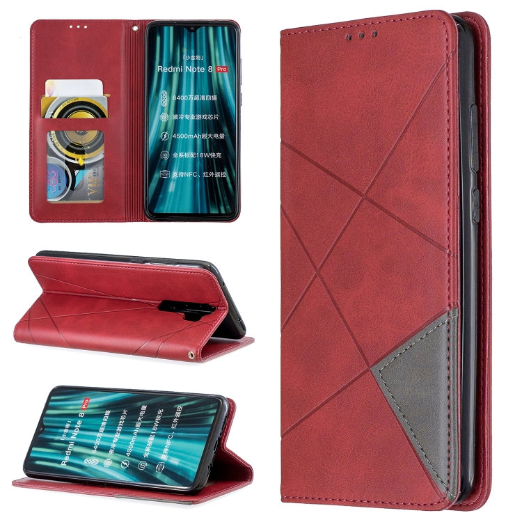 

For Xiaomi Redmi Note 8 Pro Rhombus Texture Horizontal Flip Magnetic Leather Case with Holder & Card Slots(Red)