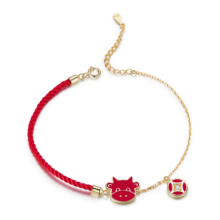 

S925 Sterling Silver Red Rope Cute Cow Women Bracelet Jewelry