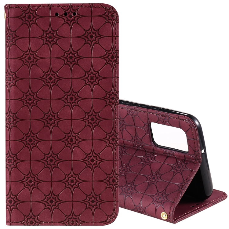 

For Samsung Galaxy A02s Lucky Flowers Embossing Pattern Magnetic Horizontal Flip Leather Case with Holder & Card Slots(Wine Red)