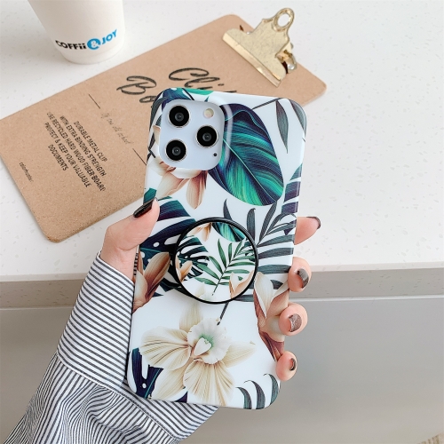 

Shockproof IMD TPU Protective Case with Folding Holder For iPhone 11(Banana Leaves White Flower)