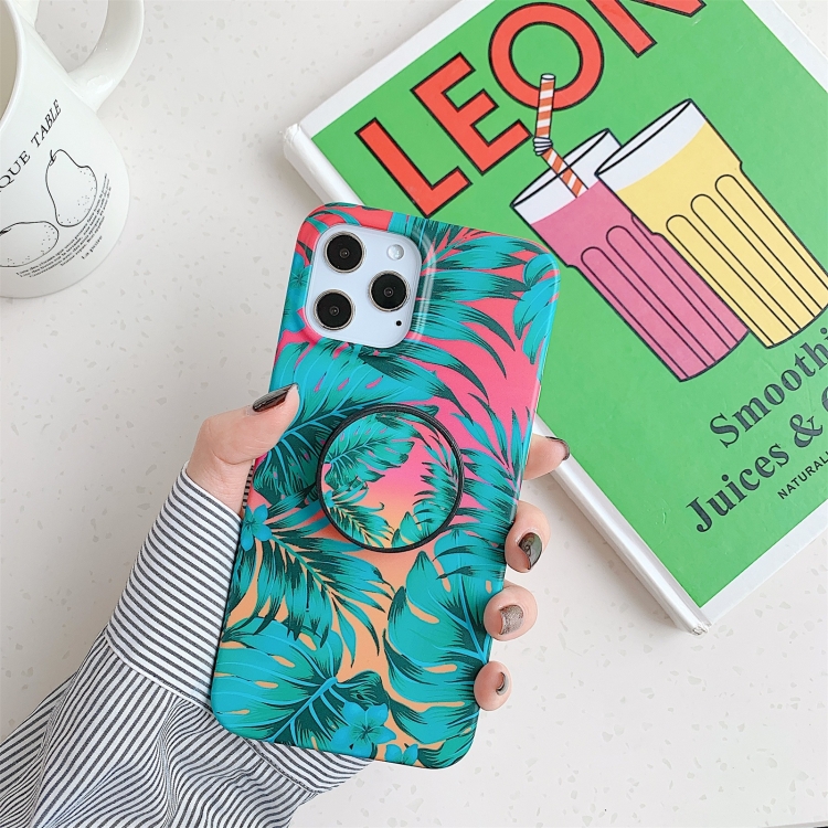 

Shockproof IMD TPU Protective Case with Folding Holder For iPhone 11(Red Background Leaves)