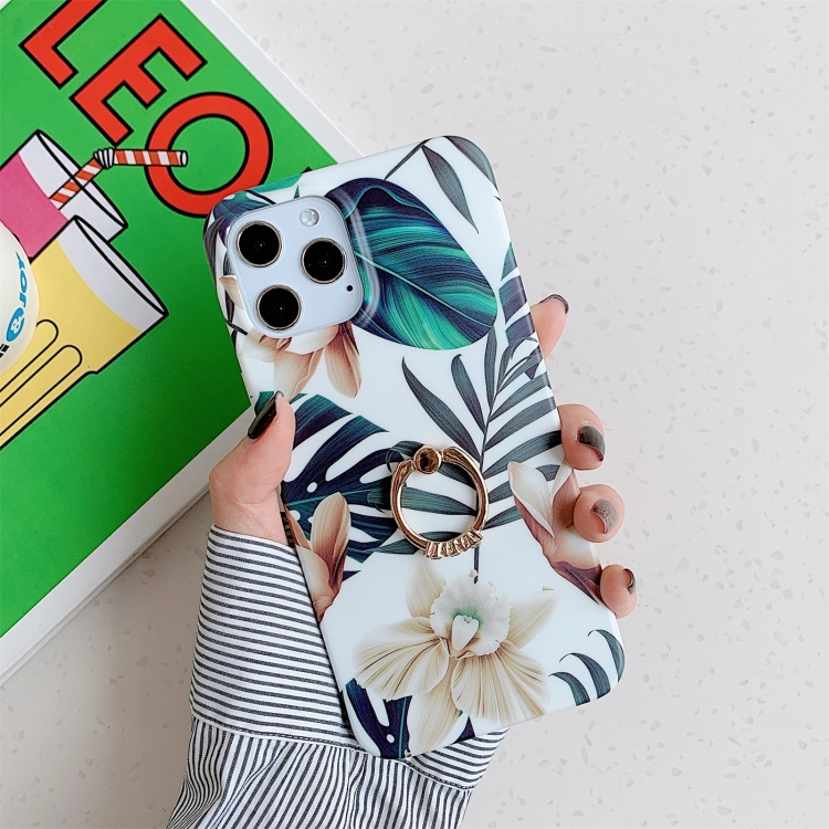 

Shockproof IMD TPU Protective Case with Ring Holder For iPhone 11 Pro(Banana Leaves White Flower)