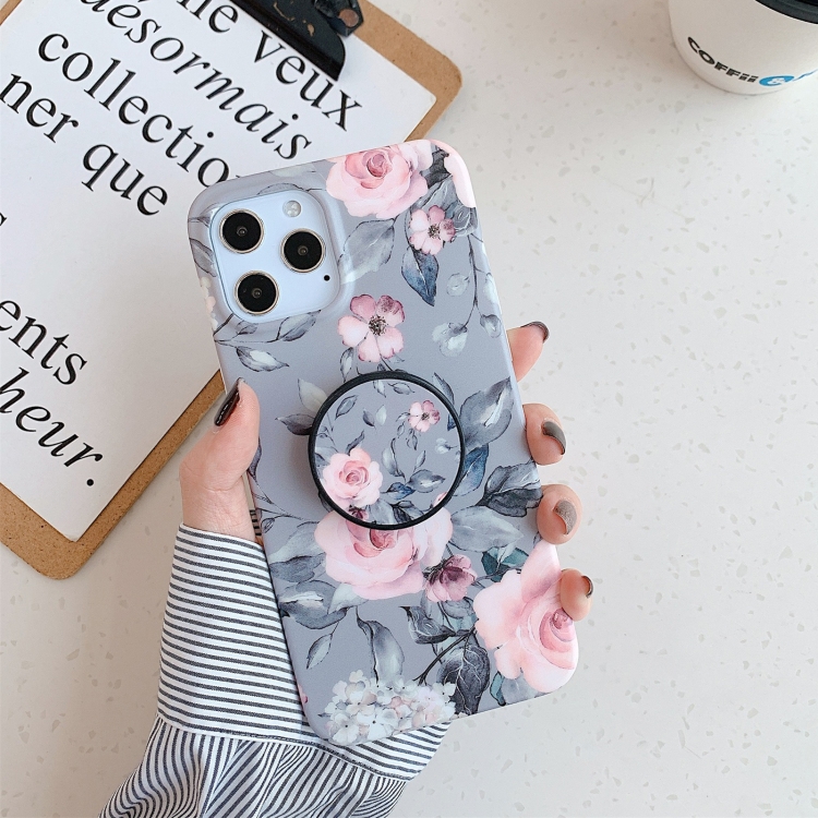 

Shockproof IMD TPU Protective Case with Folding Holder For iPhone 12 mini(Grey Background Flower)