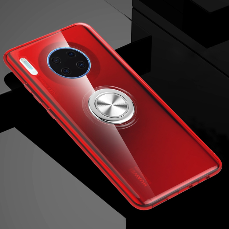 

For Huawei Mate 30 Shockproof Transparent TPU Protective Case with Metal Ring Holder(Transparent Red)