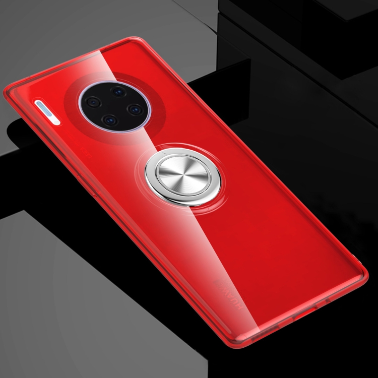 

For Huawei Mate 30 Pro Shockproof Transparent TPU Protective Case with Metal Ring Holder(Transparent Red)
