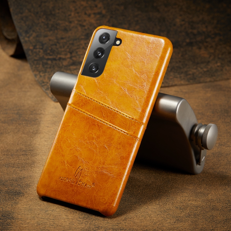 

For Samsung Galaxy S21 5G Fierre Shann Oil Wax Texture Leather Back Cover Case(Yellow)