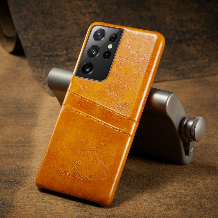 

For Samsung Galaxy S21 Ultra 5G Fierre Shann Oil Wax Texture Leather Back Cover Case(Yellow)