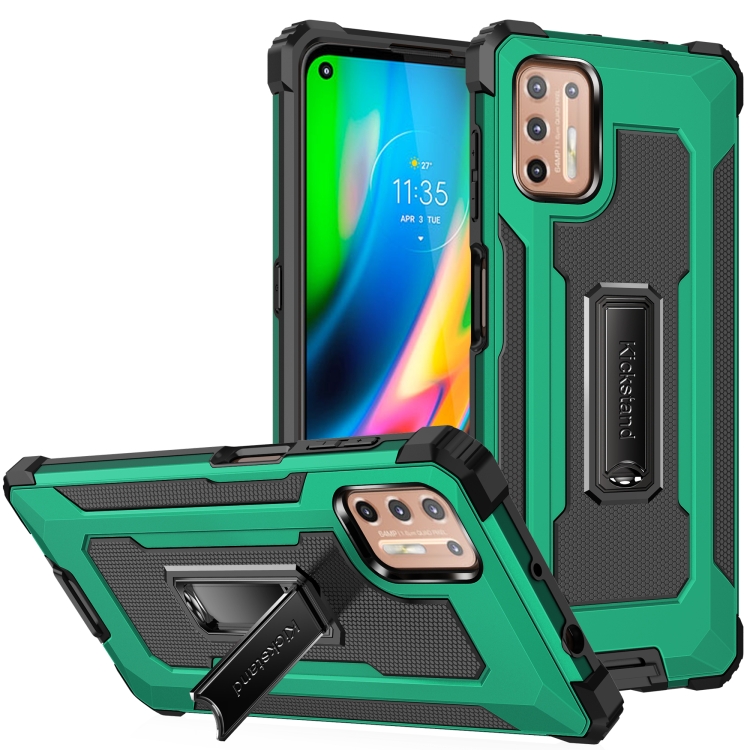 

For Motorola Moto G9 Plus Knight Jazz PC+TPU Shockproof Protective Case with Foldable Holder(Dark Green)