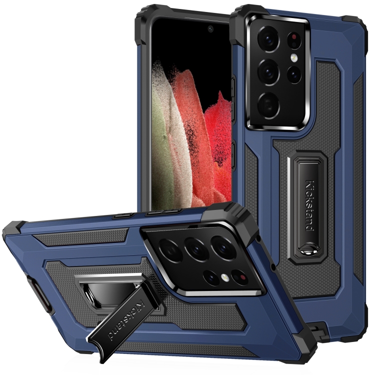 

For Samsung Galaxy S21 Ultra 5G Knight Jazz PC+TPU Shockproof Protective Case with Foldable Holder(Blue)
