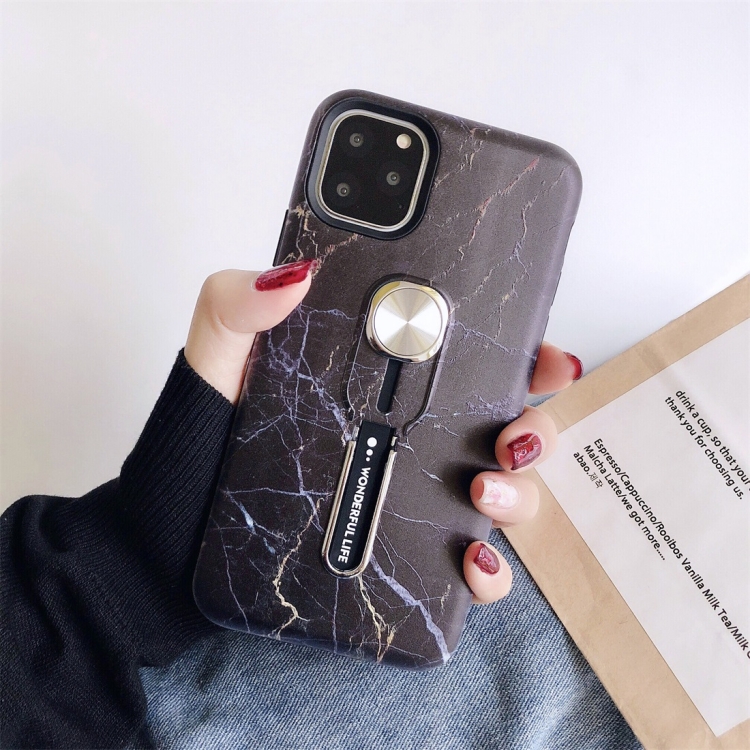 

For iPhone 11 Marble Shockproof Multi-functional Invisible Ring Holder Protective Case with Vehicle Magnetic Sheet(Black)