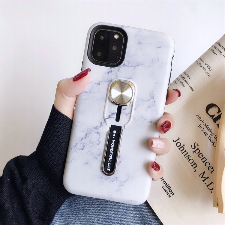 

For iPhone 11 Pro Marble Shockproof Multi-functional Invisible Ring Holder Protective Case with Vehicle Magnetic Sheet(White)