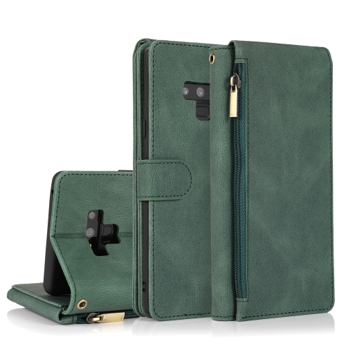 

For Samsung Galaxy Note9 Skin-feel Crazy Horse Texture Zipper Wallet Bag Horizontal Flip Leather Case with Holder & Card Slots & Wallet & Lanyard(Dark Green)