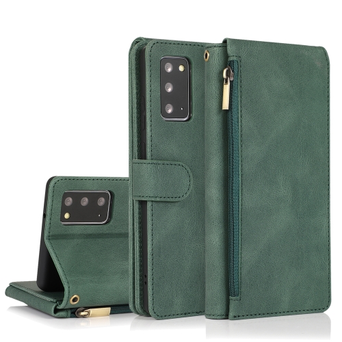 

For Samsung Galaxy Note20 Skin-feel Crazy Horse Texture Zipper Wallet Bag Horizontal Flip Leather Case with Holder & Card Slots & Wallet & Lanyard(Dark Green)